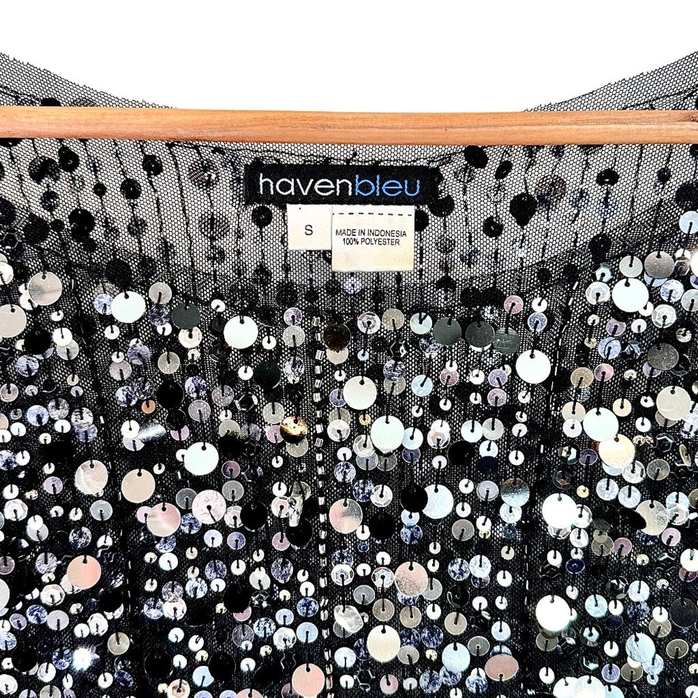 havenbleu Black Sheer Silver Sequin Cropped Long Sleeve Top Small - Picture 13 of 14